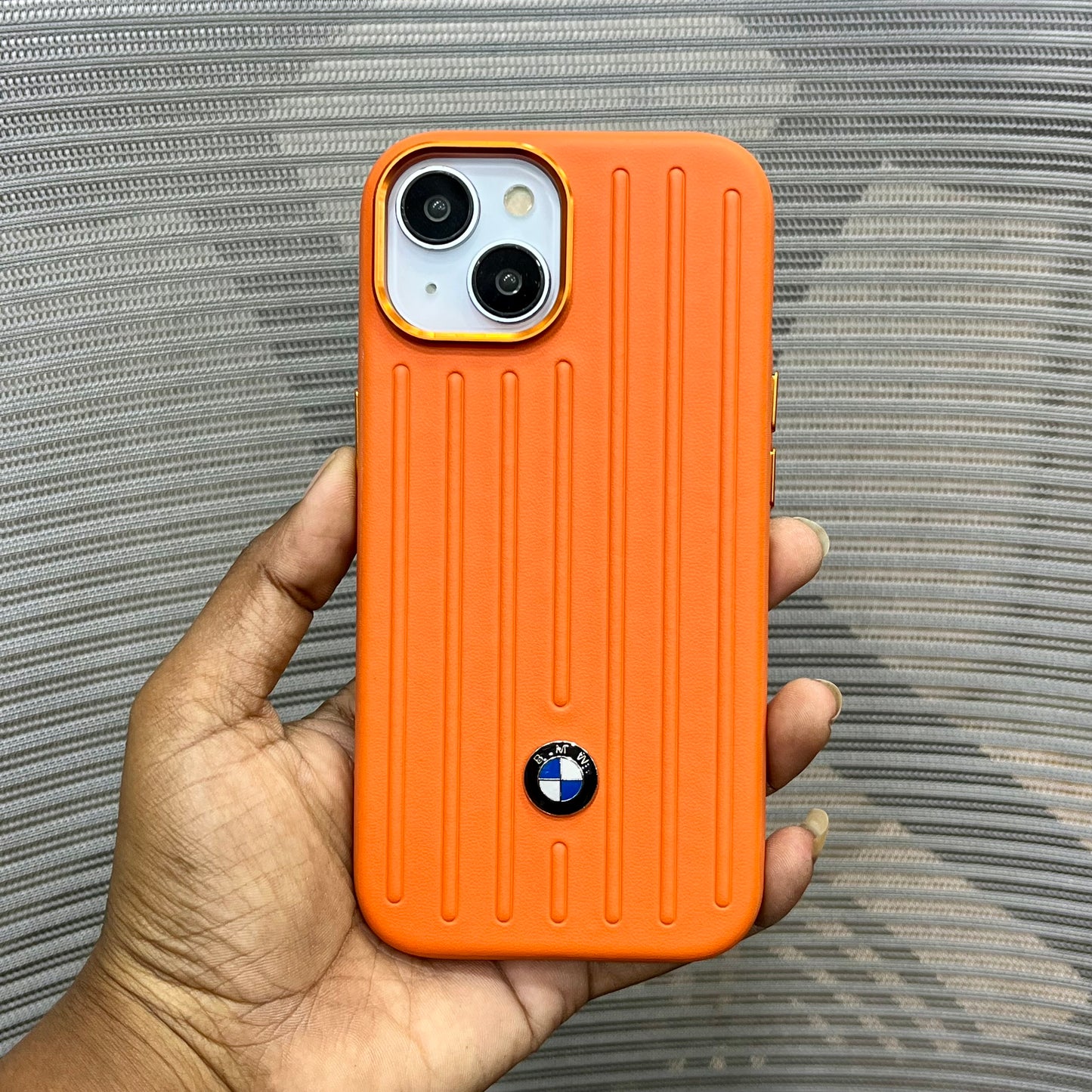 Stripe Leather Car Logo iPhone 15 Case