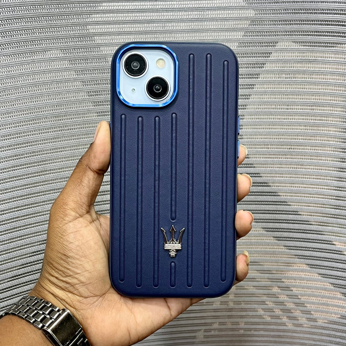 Premium Stripe Leather Logo iPhone 15 Series Case