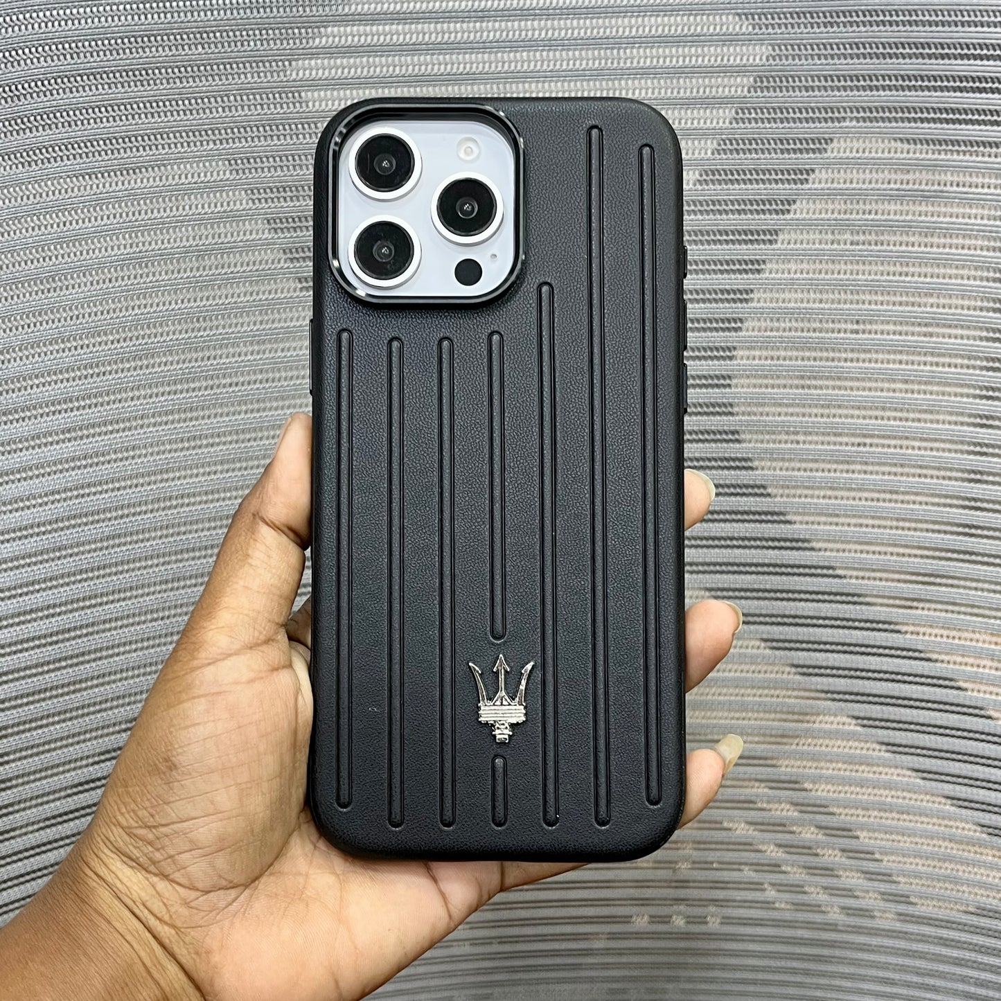 Premium Stripe Leather Logo iPhone 16 Series Case