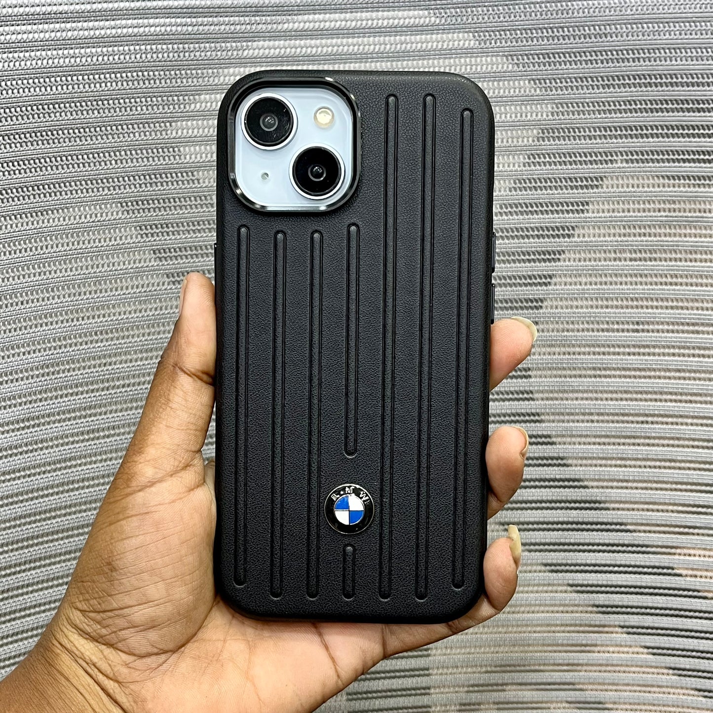 Stripe Leather Car Logo iPhone 15 Case