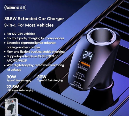 Fast Car Charger with Digital Display – 3 Output Ports