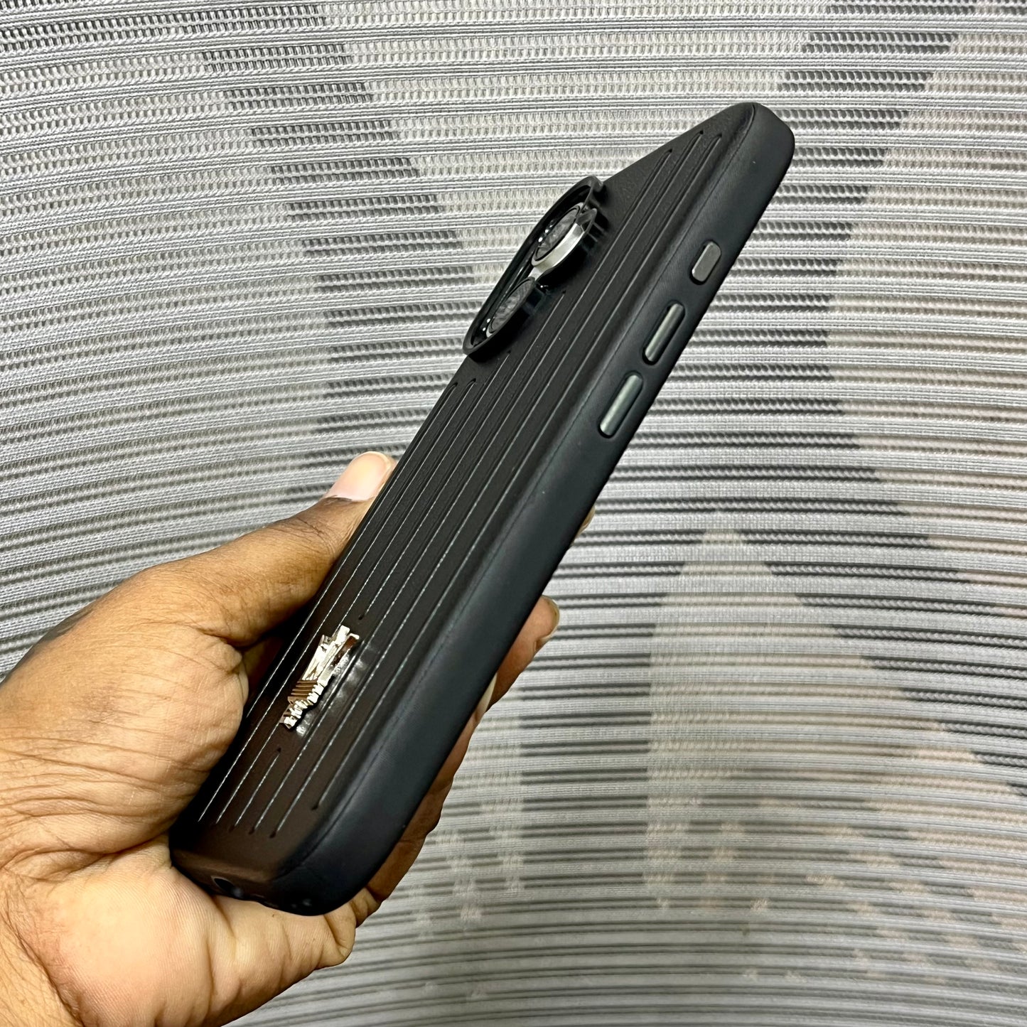 Premium Stripe Leather Logo iPhone 16 Case