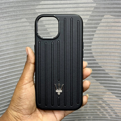 Premium Stripe Leather Logo iPhone 15 Series Case