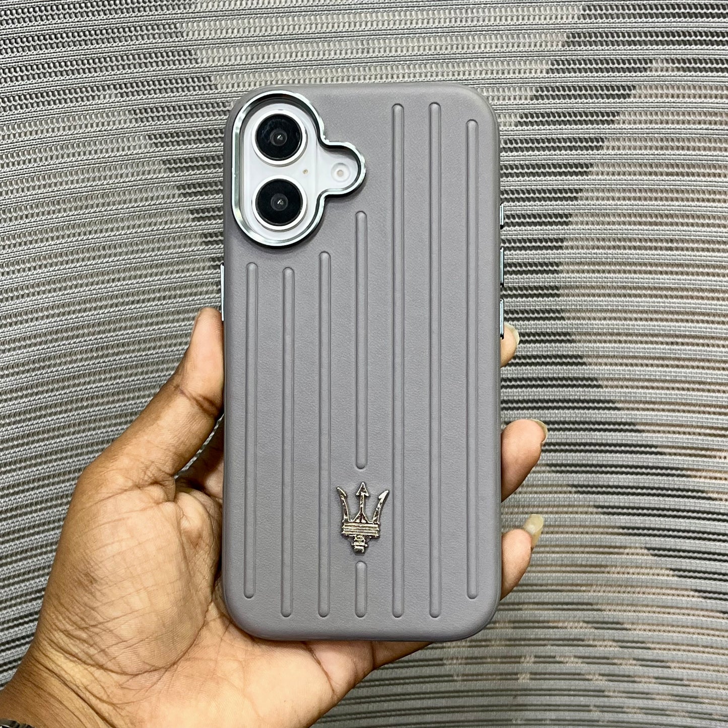 Premium Stripe Leather Logo iPhone 16 Case