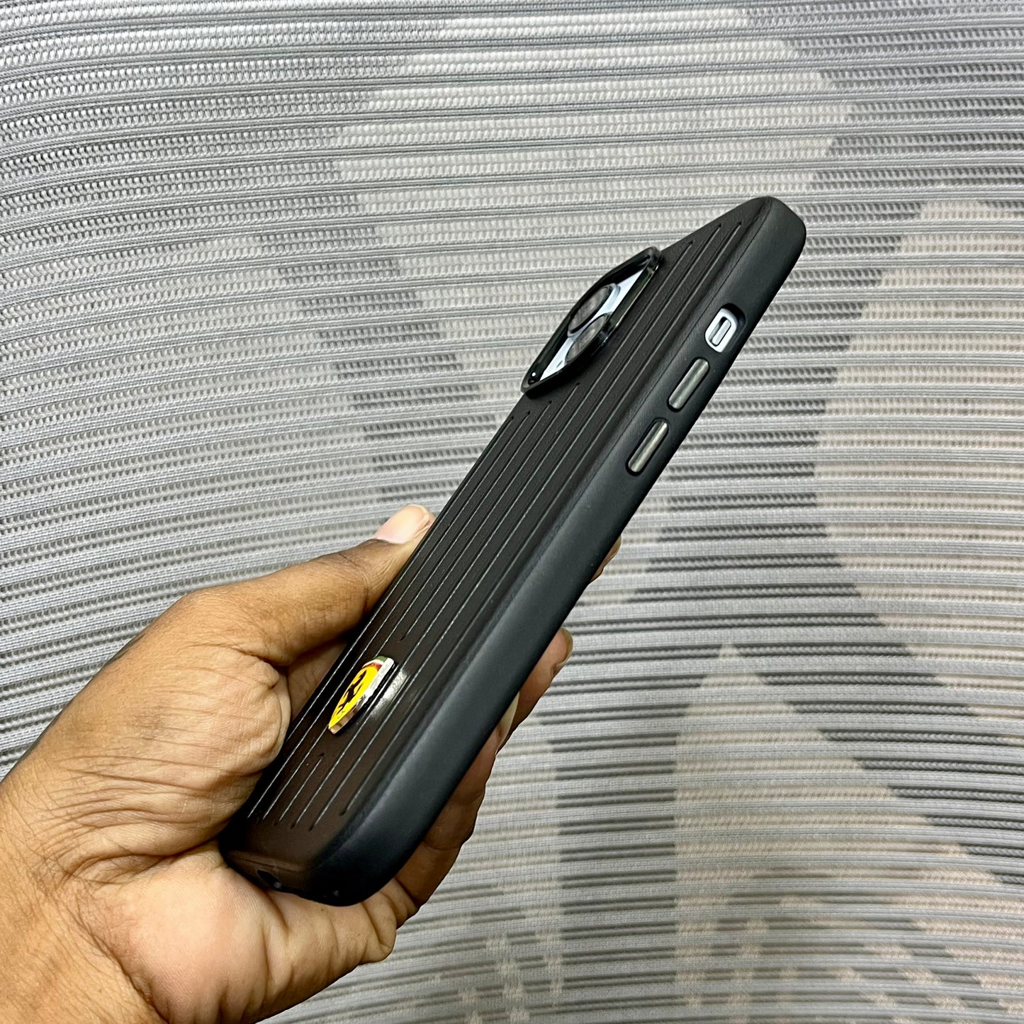 Premium Stripe Leather Logo iPhone 15 Series Case