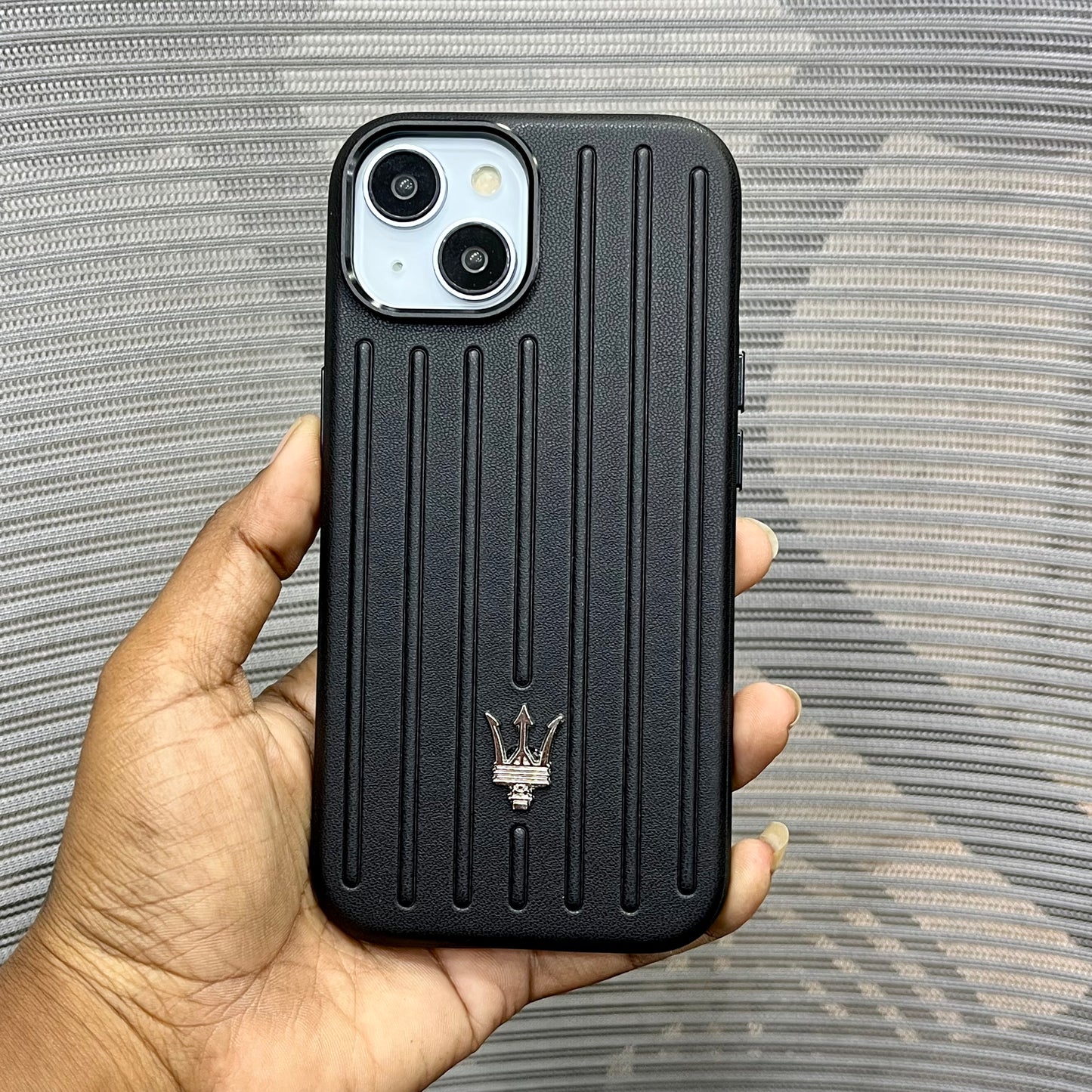 Premium Stripe Leather Logo iPhone 15 Series Case