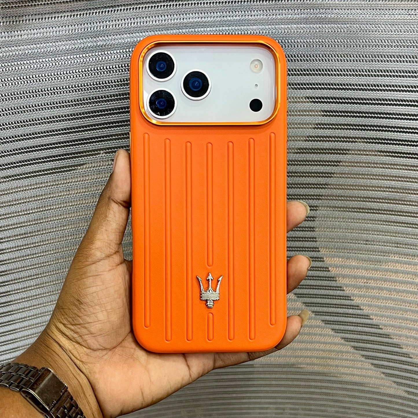 Premium Stripe Leather Logo iPhone 17 Series Case