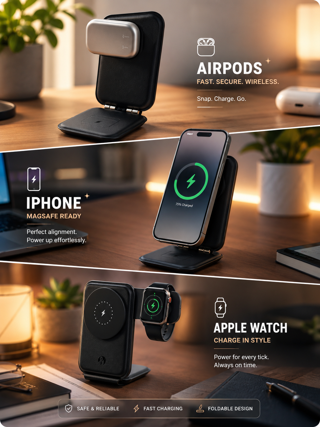 TriFold Luxe 3-in-1 Wireless Charger Stand
