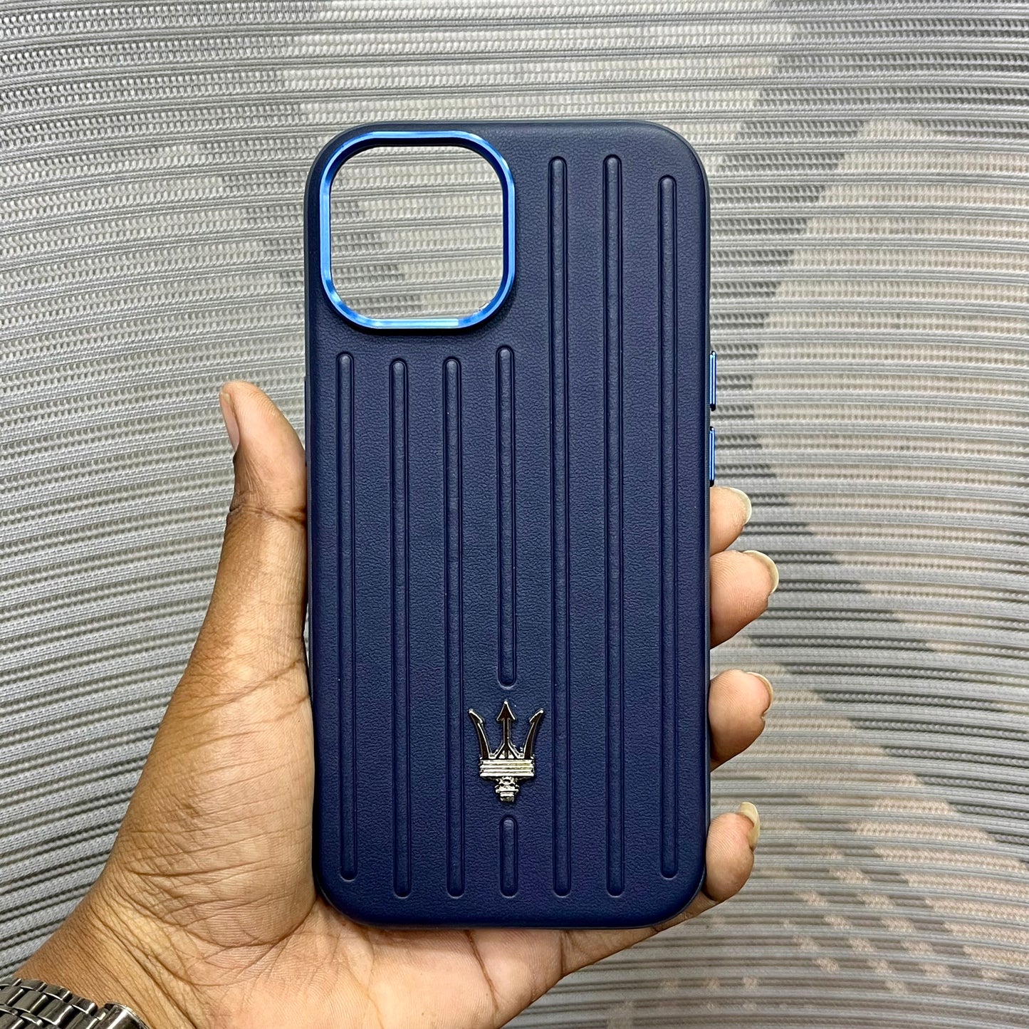 Premium Stripe Leather Logo iPhone 15 Series Case