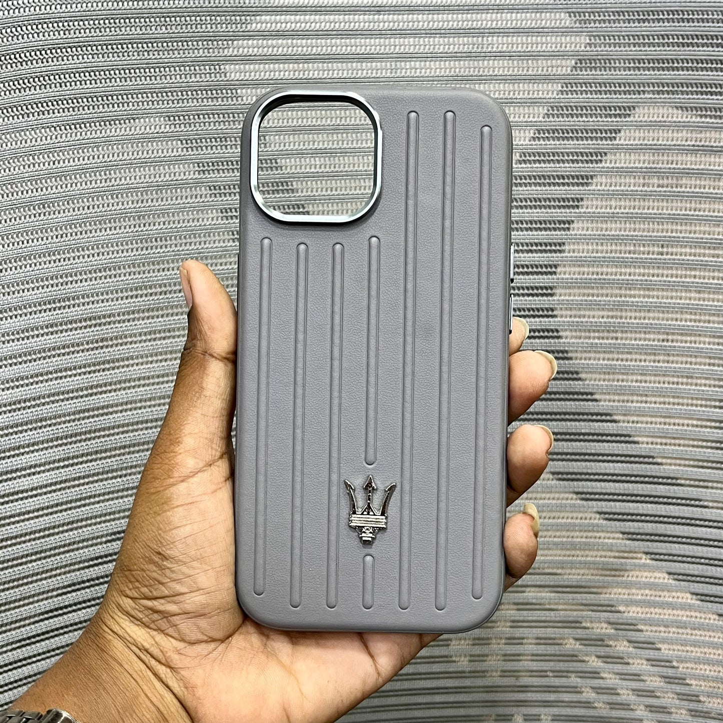 Premium Stripe Leather Logo iPhone 15 Series Case