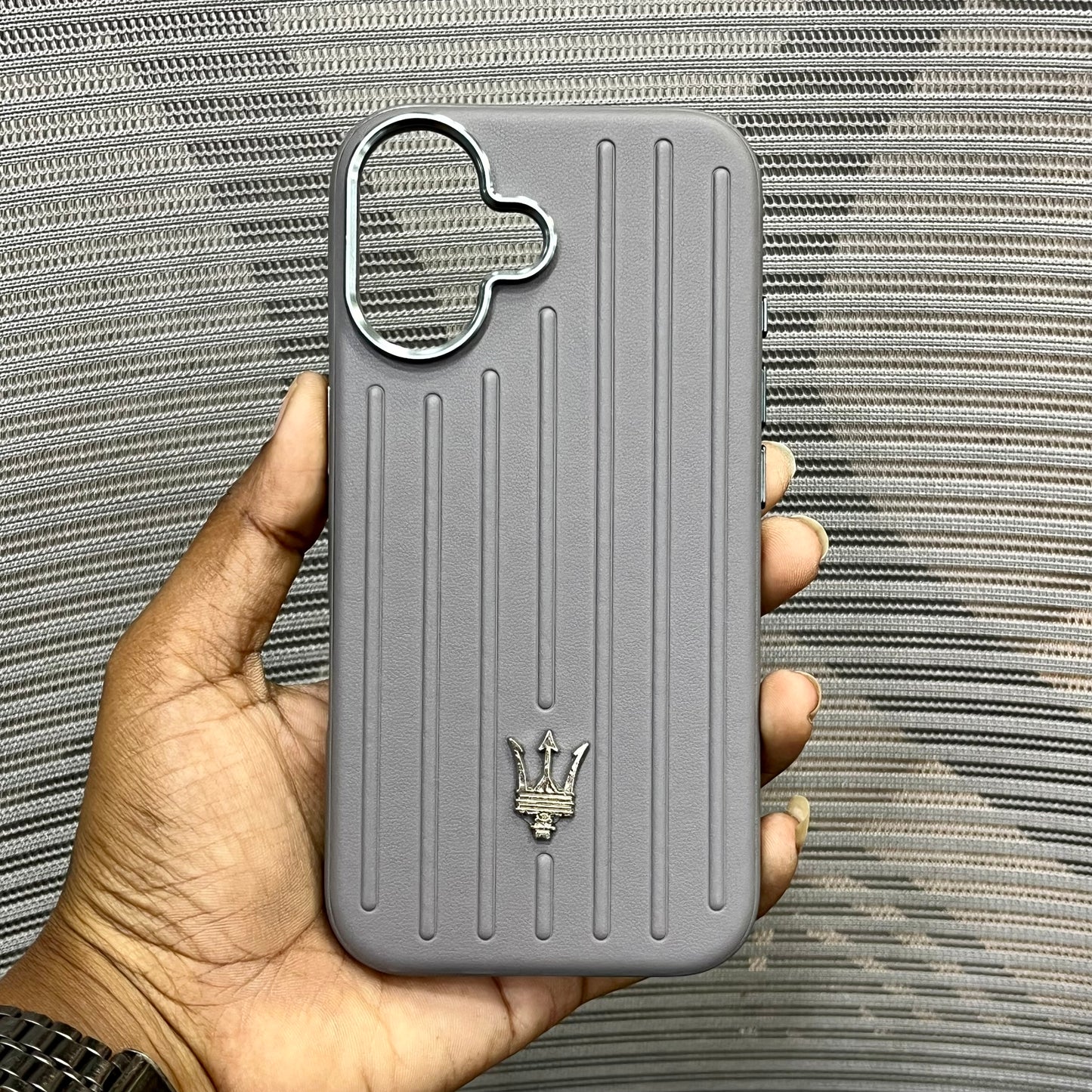 Premium Stripe Leather Logo iPhone 16 Case
