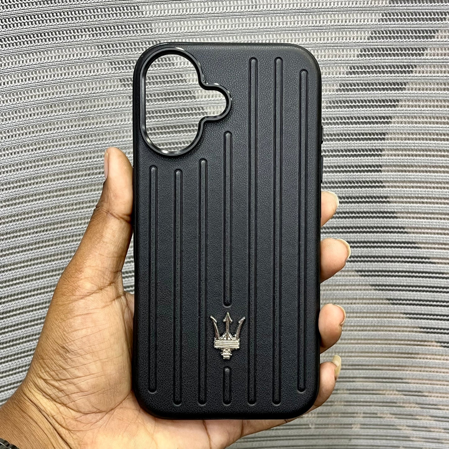 Premium Stripe Leather Logo iPhone 16 Case
