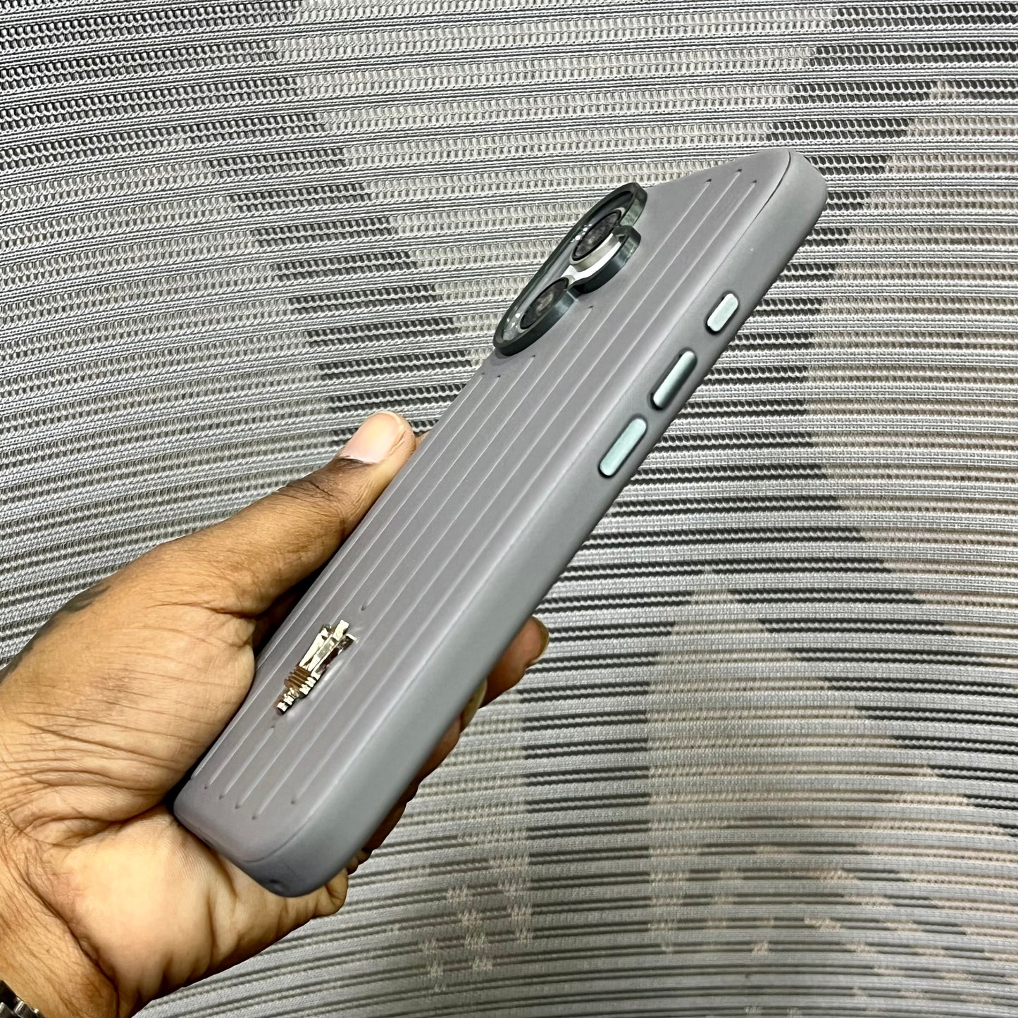 Premium Stripe Leather Logo iPhone 16 Case