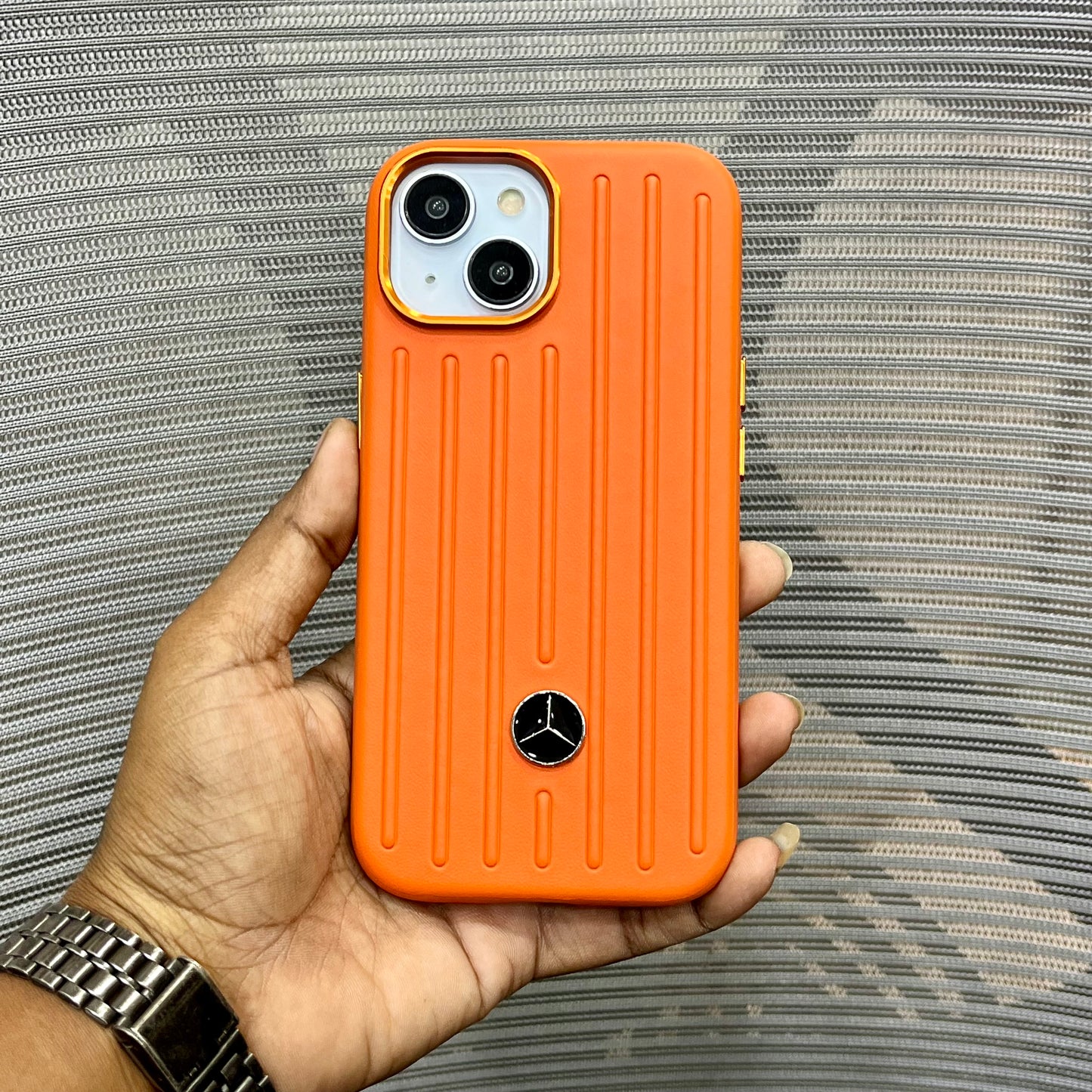Premium Stripe Leather Logo iPhone 15 Series Case