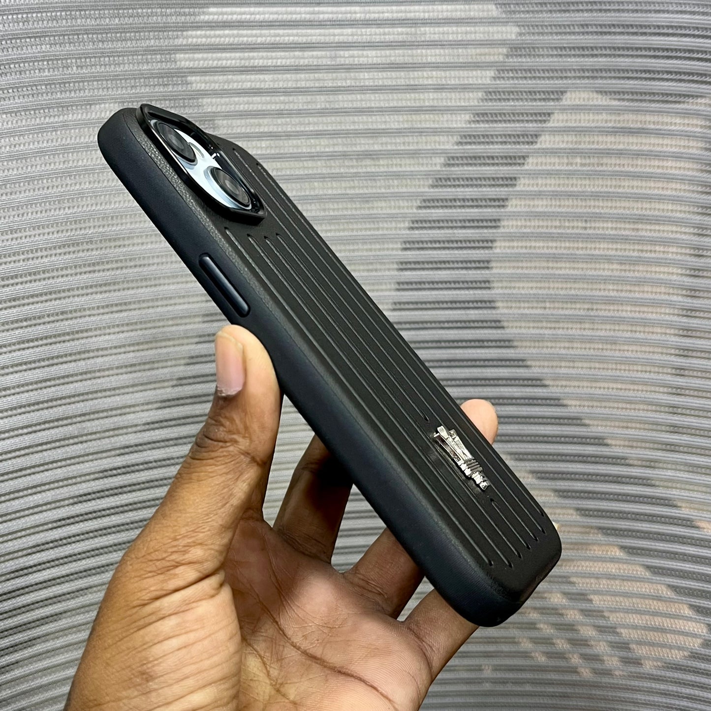 Premium Stripe Leather Logo iPhone 15 Series Case