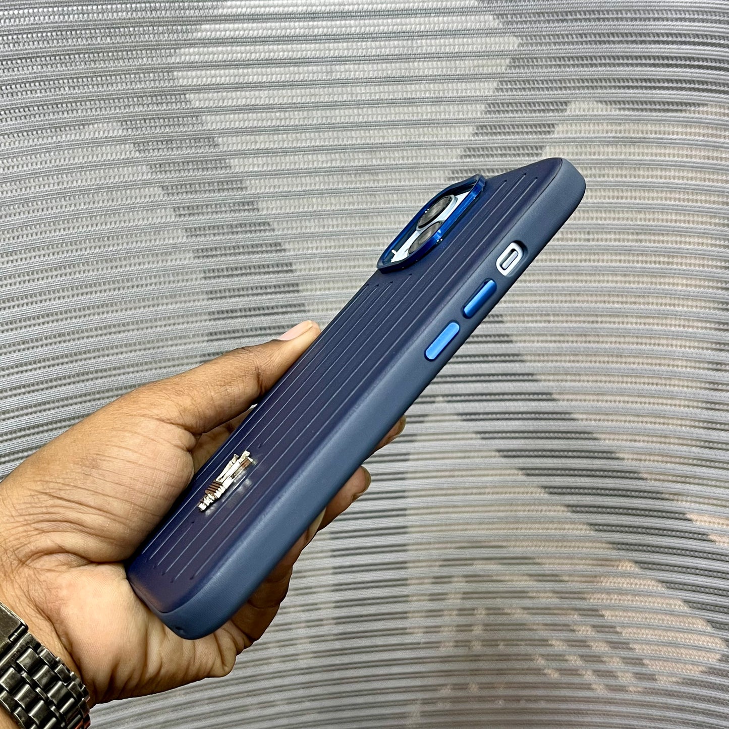 Premium Stripe Leather Logo iPhone 15 Series Case