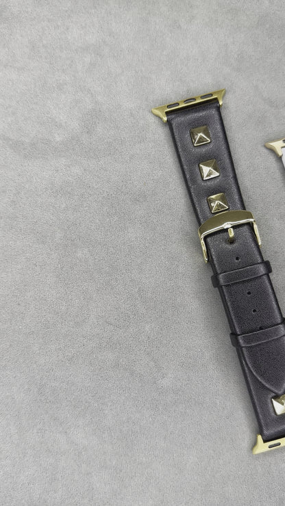 Leather Diamond Cut Gold Stud Apple Watch Strap for  38 / 40 / 41  mm
